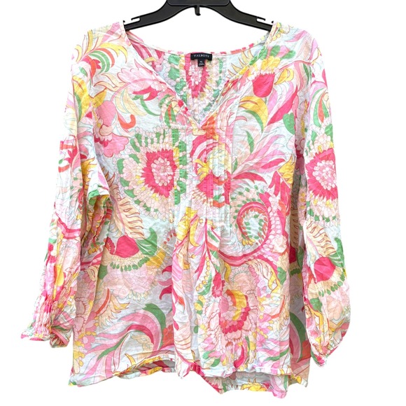 Talbots Tops - Talbots Womens XL Blouse Pink Yellow Floral Paisley Pintuck Cotton Split Neck